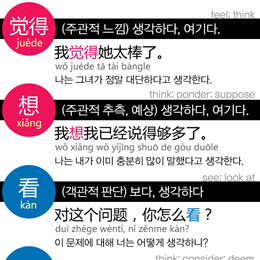 觉得, 想, 看, 认为&hellip;'생각하다'를 뜻하는 중국어