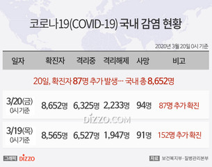 [그래픽종합] 20일 국내 '코로나19' 확진자 87명&middot;격리해제 286명&uarr;...총 8,652명