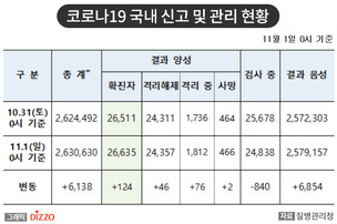 [속보] 124명 추가, 총 26,635명! 11월 1일 '코로나19' 국내 발생 현황