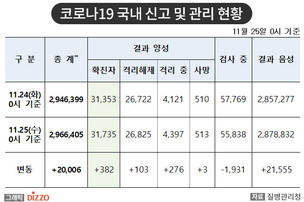 [속보] 382명 추가, 총 31,735명! 11월 25일 '코로나19' 국내 발생 현황