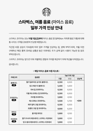 스타벅스 &ldquo;11월 1일부터 아이스음료 11종 200원씩 인상&rdquo;